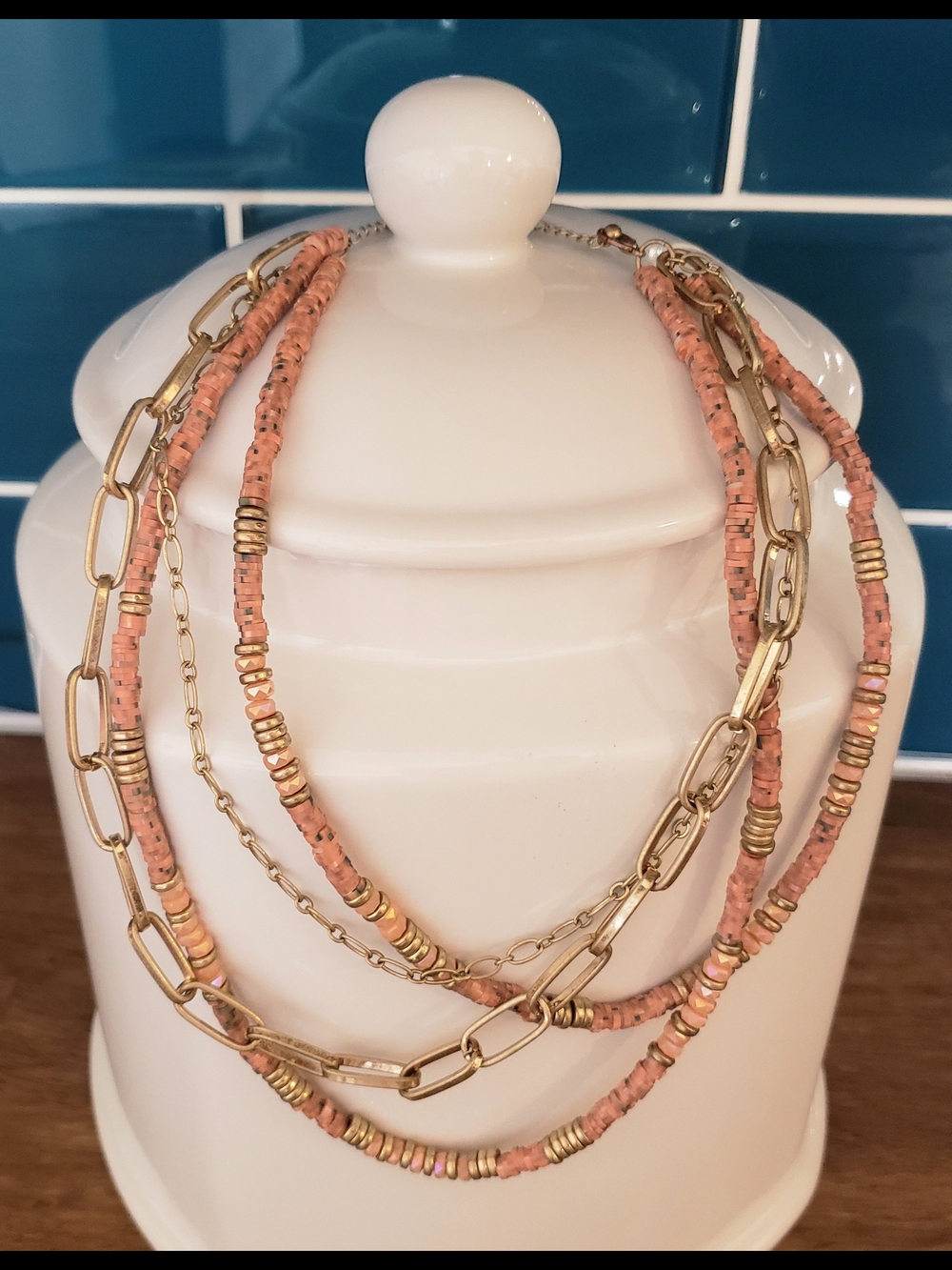 Layered Pink Bead and Gold Chain Necklace - Women Jewelry